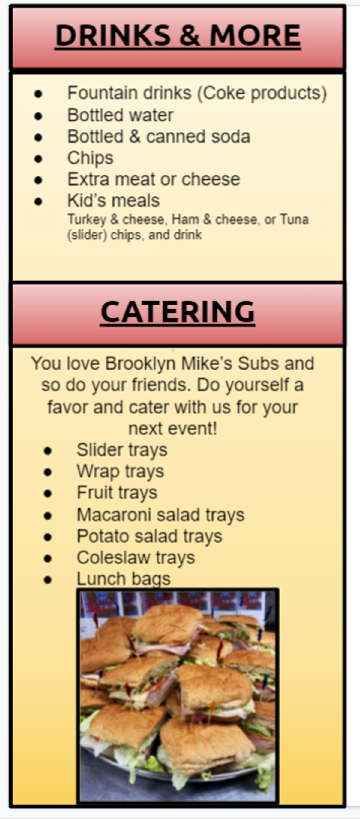 Brooklyn Mike's Subs menu — additional items and combos